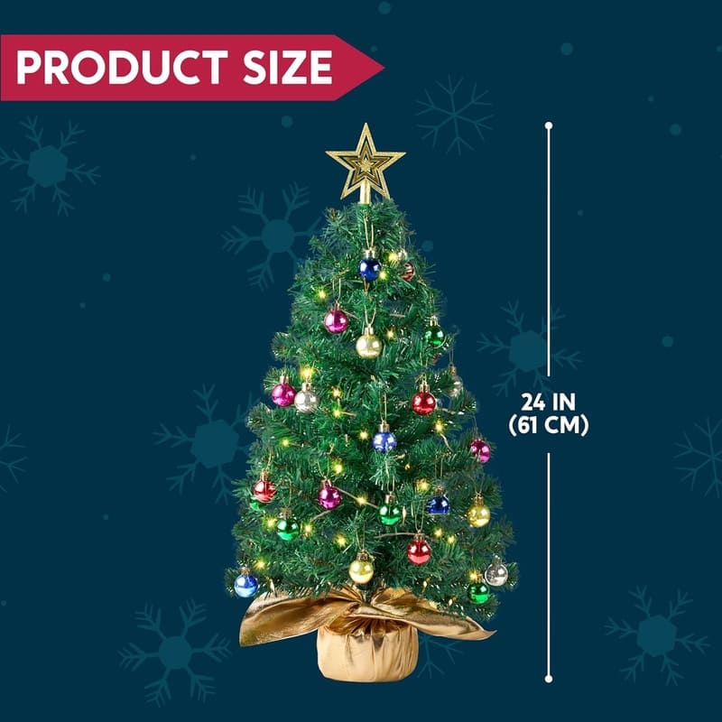 24"/2FT Small Christmas Tree with Lights, Pre-lit Artificial Xmas Tree Green LED Mini Tree for Christmas Decorations