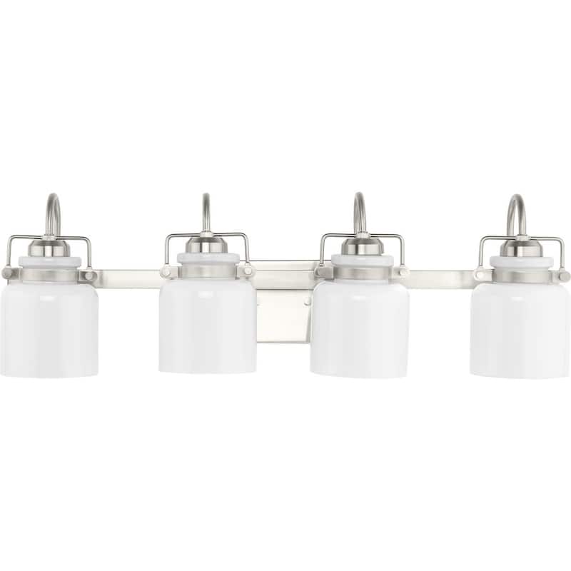 Fessler Collection Four-Light Brushed Nickel Opal Glass Farmhouse Bath Light - 29.12 in x 7.12 in x 9.12 in - 29.12 in x 7.12 in x 9.12 in