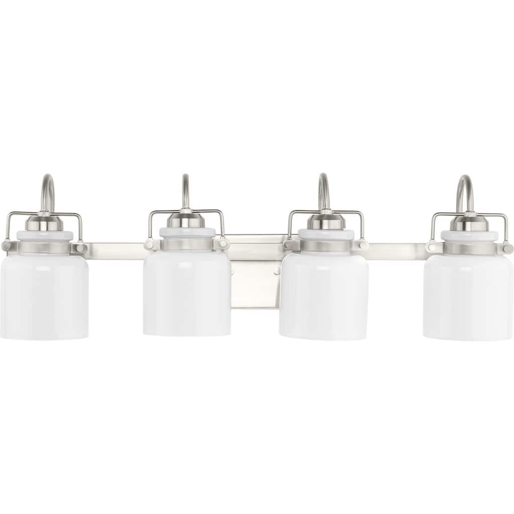 Fessler Collection Four-Light Brushed Nickel Opal Glass Farmhouse Bath Light - 29.12 in x 7.12 in x 9.12 in