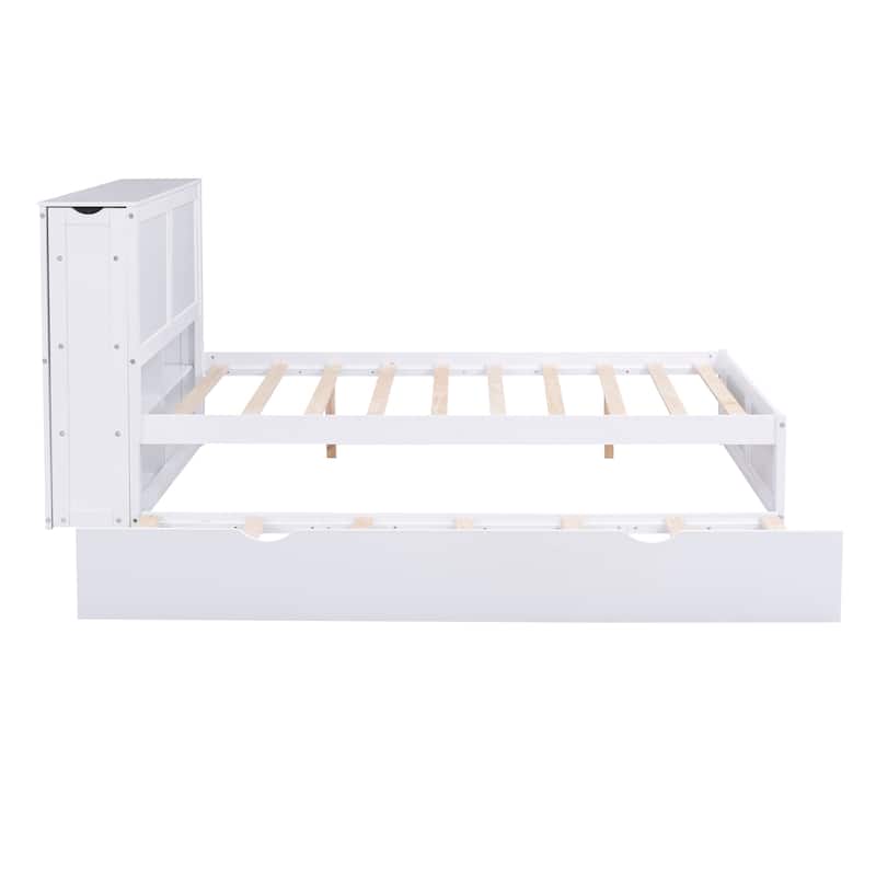 White Full Size Platform Bed with Twin Trundle and Pull-Out Storage Shelves