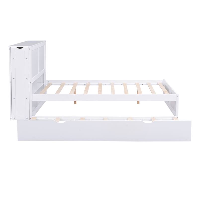White Full Size Storage Platform Bed with Pull-Out Shelves and Twin Trundle