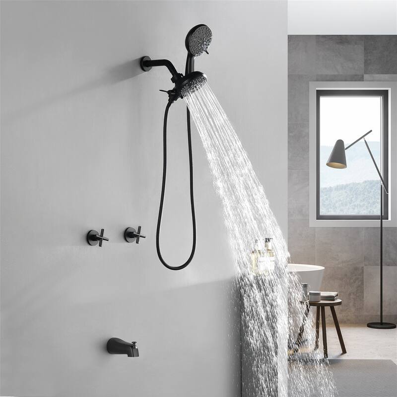 Wall Mount Tub and Shower Faucet with Hand Shower Brass Dual Head Complete Wall Mounted Shower System with Valve - Matte Black