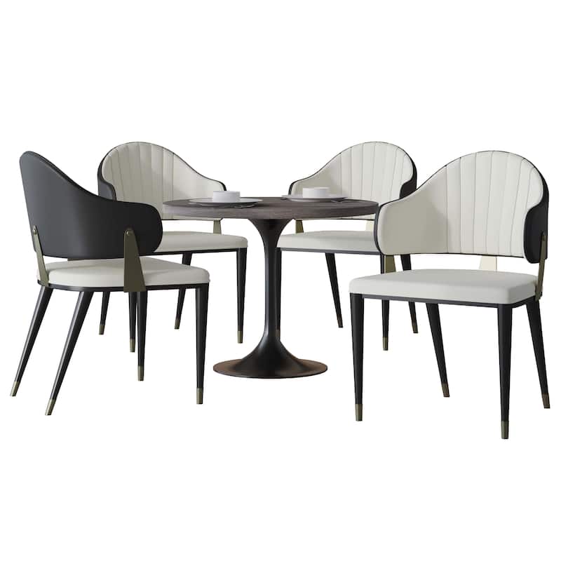 5-Piece Dining Set 36-Inch Square Resin Top Dining Table and 4 Leather Arm Chairs - Black