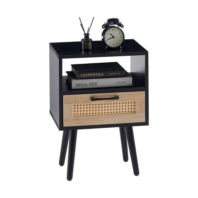 Modern Rattan End Table with Drawer and Solid Wood Legs