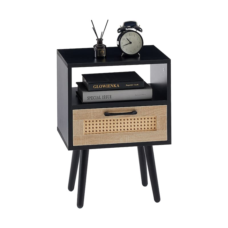 Rattan Nightstand With Drawer And Solid Wood Legs