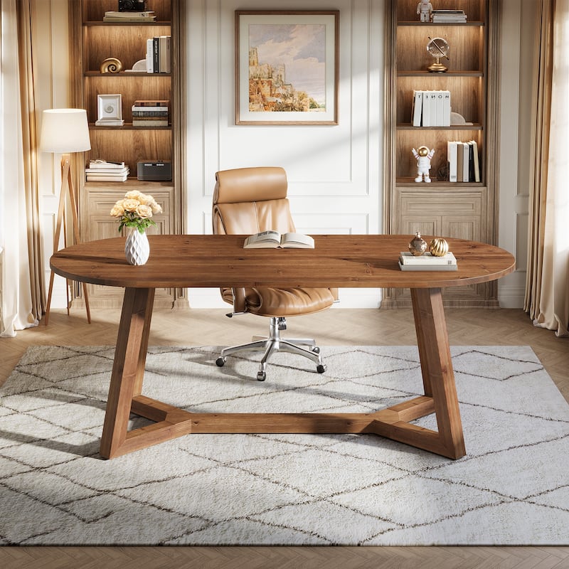 Solid Wood Home Office Desk, Executive Computer Writing Table, Study Room Workstation Accent Desk - Brown