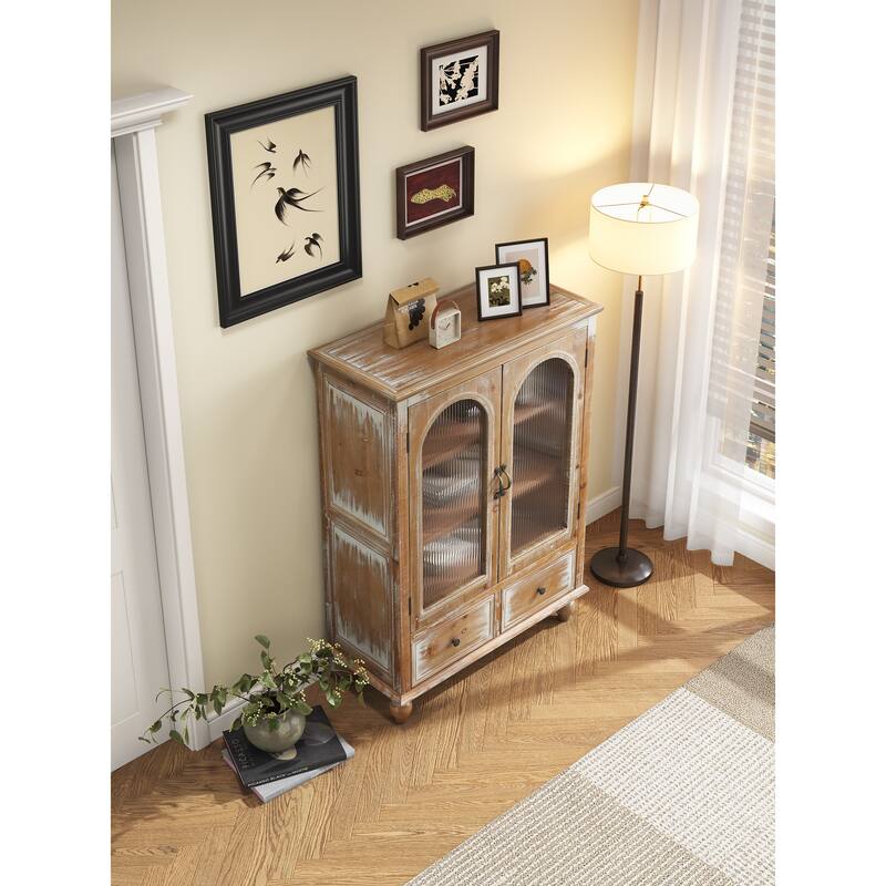 Farmhouse Storage Cabinet,Wood Kitchen Pantry Cabinet with 2 Glass Doors & 2 Drawers,Freestanding Buffet Cupboard with Shelves