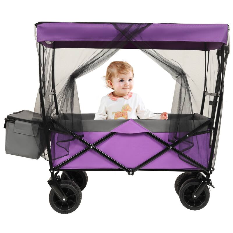 480lb Collapsible Wagon with Canopy & Mosquito Net - 7" All-Terrain Wheels, Lightweight Design, Purple