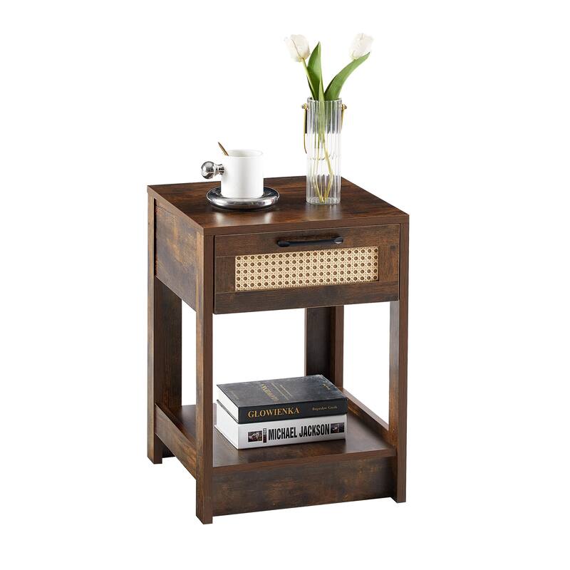 15.75" Rattan End table with drawer, Modern nightstand, side table for living roon, bedroom,natural