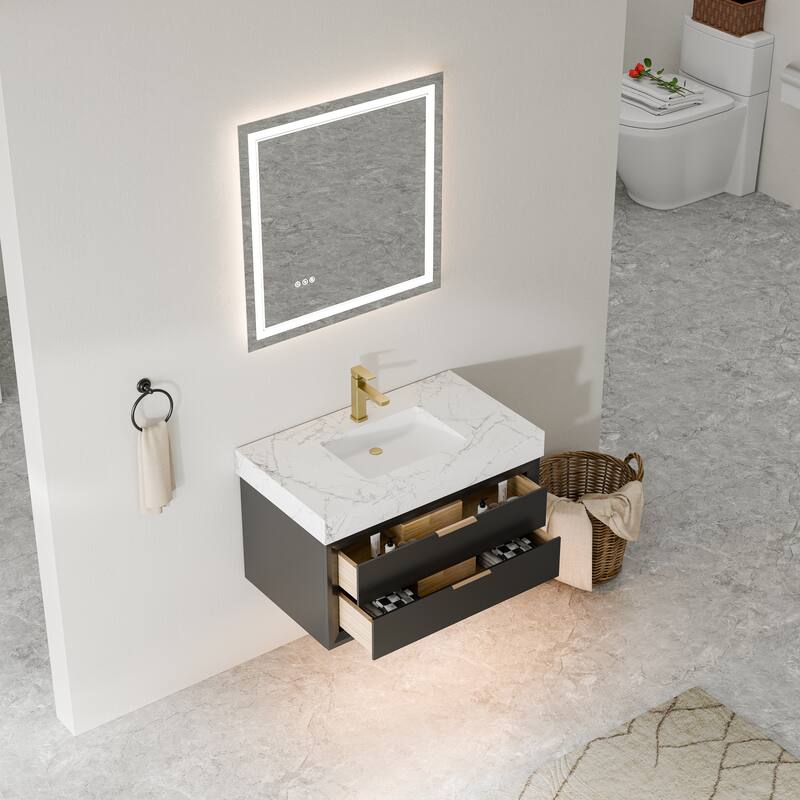 Modland 36" Wall-Mount Vanity with LED Light & 2 Soft-Close Drawers - Solid Oak, Black,White,Blue,Green - 36 inch