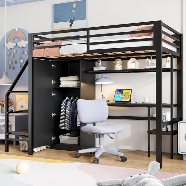 slide 2 of 24, Twin Size Metal Loft Bed With Desk Wardrobe Storage Staircase Black - Twin