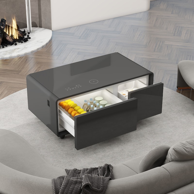 Smart Coffee Table with Built-in Fridge,Bluetooth Speaker,Wireless Charging,Touch Control Panel,USB Interface,Outlet Protection