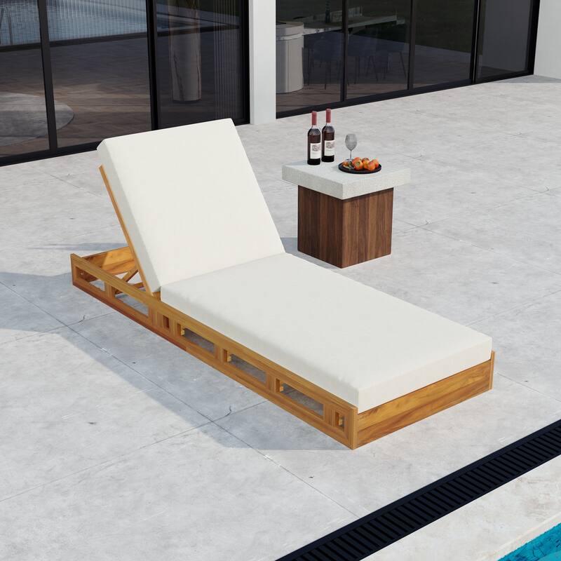 Roomfitters Outdoor Acacia Wood Chaise Lounge with 4 Inch Thick Water-Resistant Cushions Teak Finish
