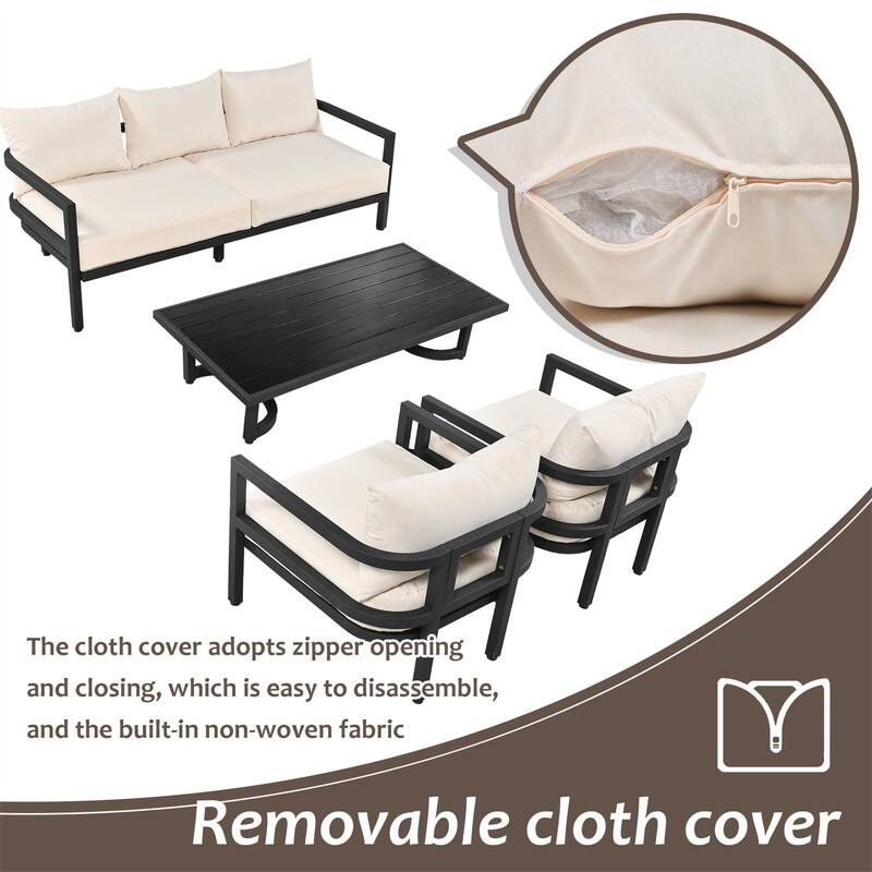 4-Piece Patio Furniture Set, Outdoor Sectional Sofa Set Steel Conversation Set with Loveseat, 2 Armchairs and Coffee Table
