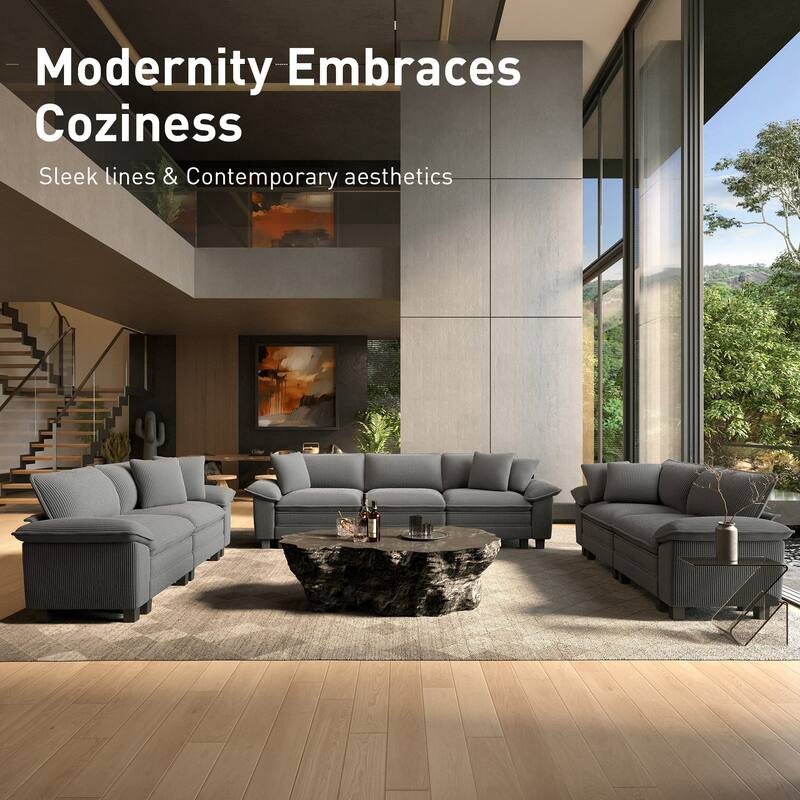 MAISON ARTS Cloud Modular Deep Seat Sofa, Chenille or Corduroy Sectional Couch with Removable Arms, 1–4 Seater - Grey Corduroy(1 Piece) - Symmetrical