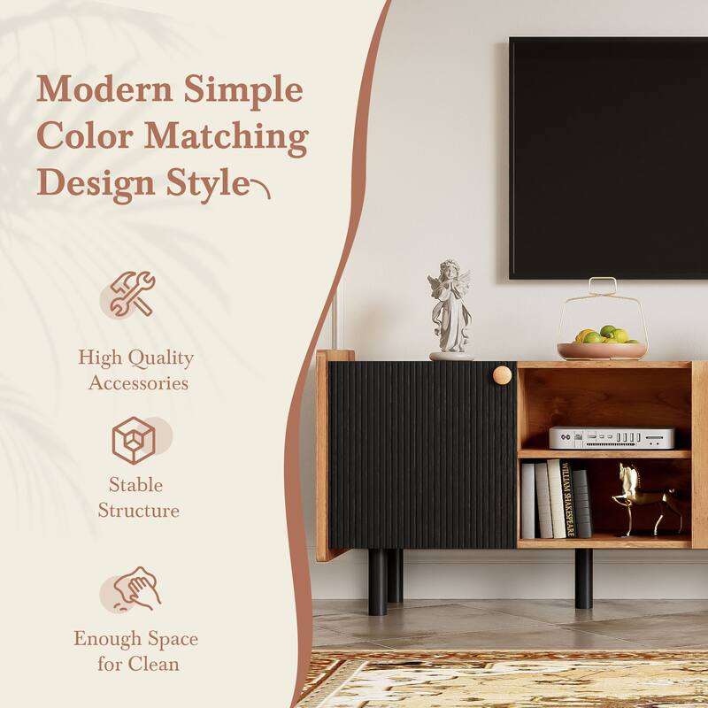 Mid-century TV Stand for TVs up to 70" with 3 Cabinets and 2 Open Storage Compartments, for Living Room and Bedroom