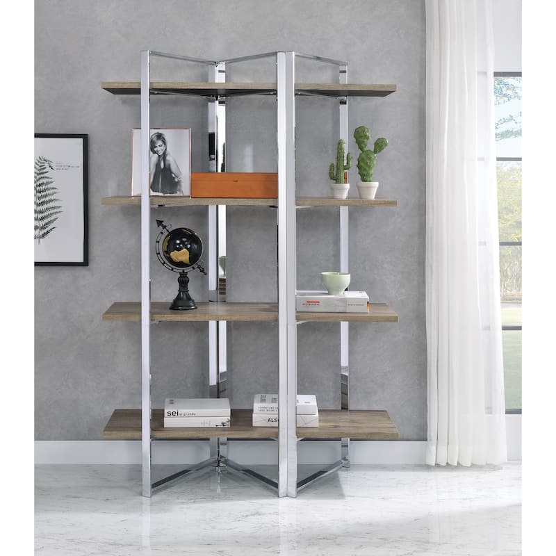 Natural and Chrome 4-Shelf Bookshelf - Natural