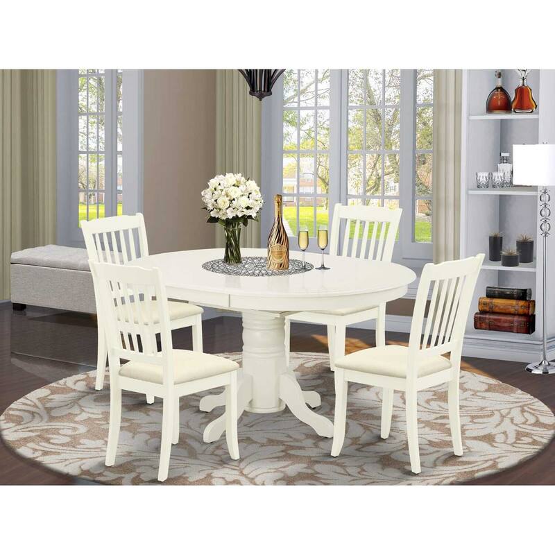 HomeStock 5-Piece Oval Linen White Finish Solid Wood Top Dining table with 4-Chairs with Butterfly Leaf Slat Back