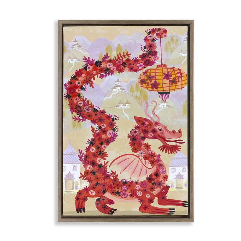 Stupell Dragon & Lantern Mythology Framed Floater Canvas Wall Art Design By Kay Widdowson - 21 x 31 - Brown