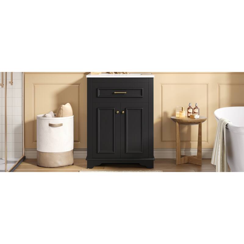 Roomfitters 24 Inch Bathroom Vanity with Integrated Ceramic Sink, Storage Cabinet & Tilt-Down Compartment
