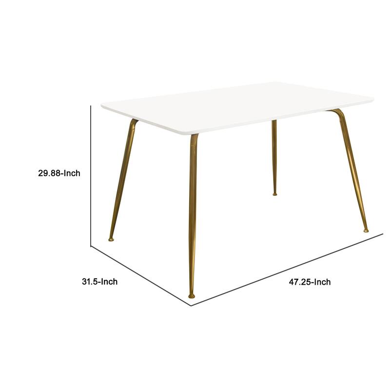 Iga Dining Table, 47 Inch Lacquer White Rectangular Top, Gold Metal Legs - White, Gold