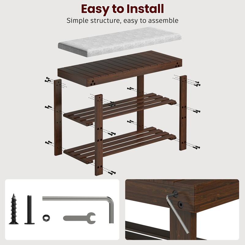 Bamboo Shoe Bench,3-Tier Shoe Rack,Entryway Bench with Cushion and Adjustable Shelves,Shoe Rack for Entryway,Living Room