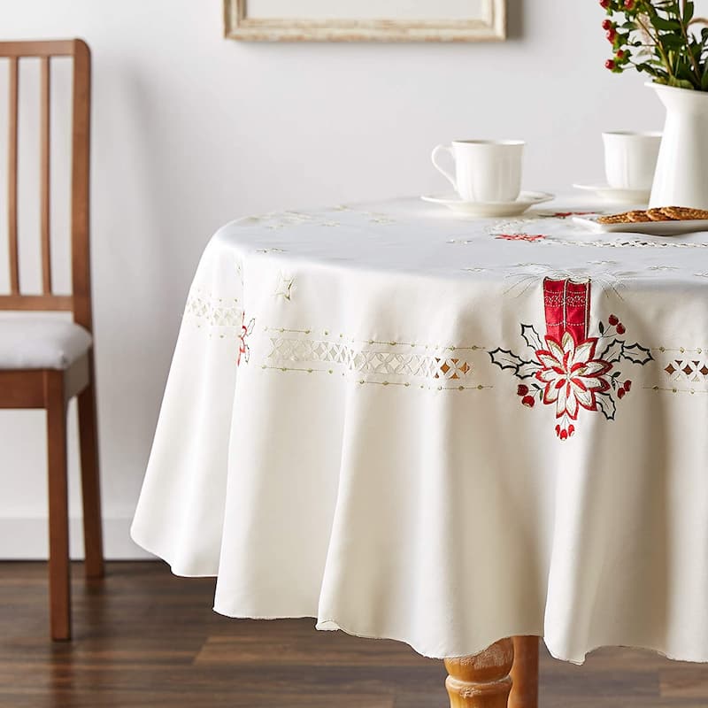 Violet Linen Seasonal Candles Vintage Holiday Embroidered Pattern Tablecloth - 70" Round