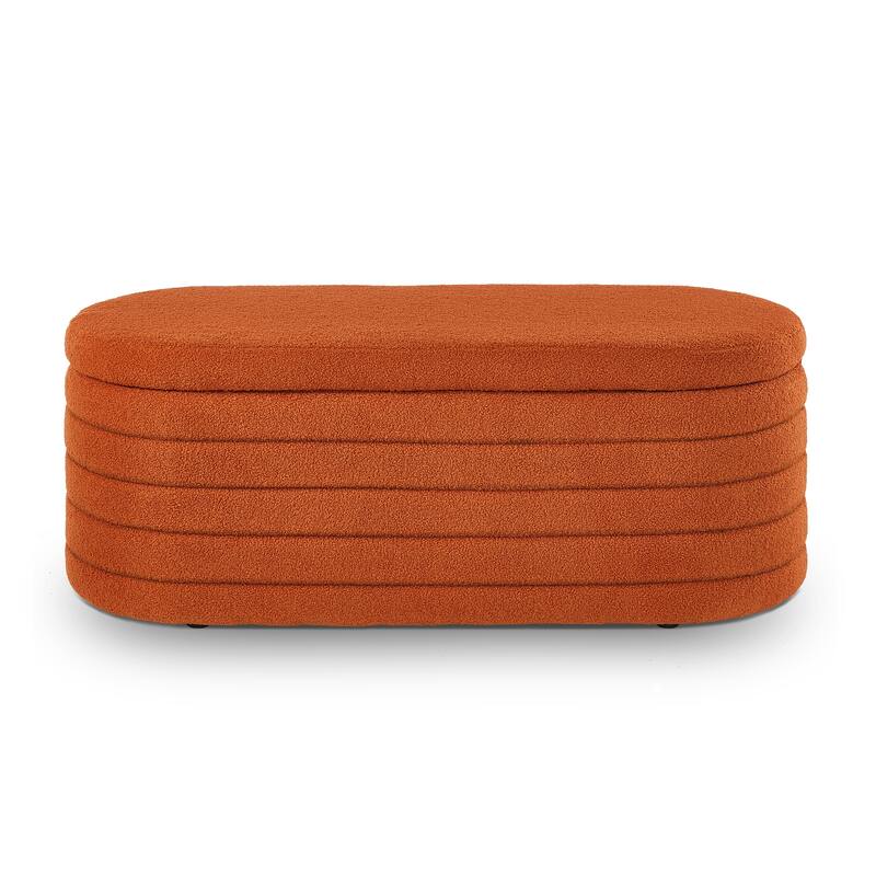 Modern Oval Storage Ottoman Bench,Boucle Teddy Fabric End of Bed Bench with Storage,End of Bed Stool with Safety Hinge