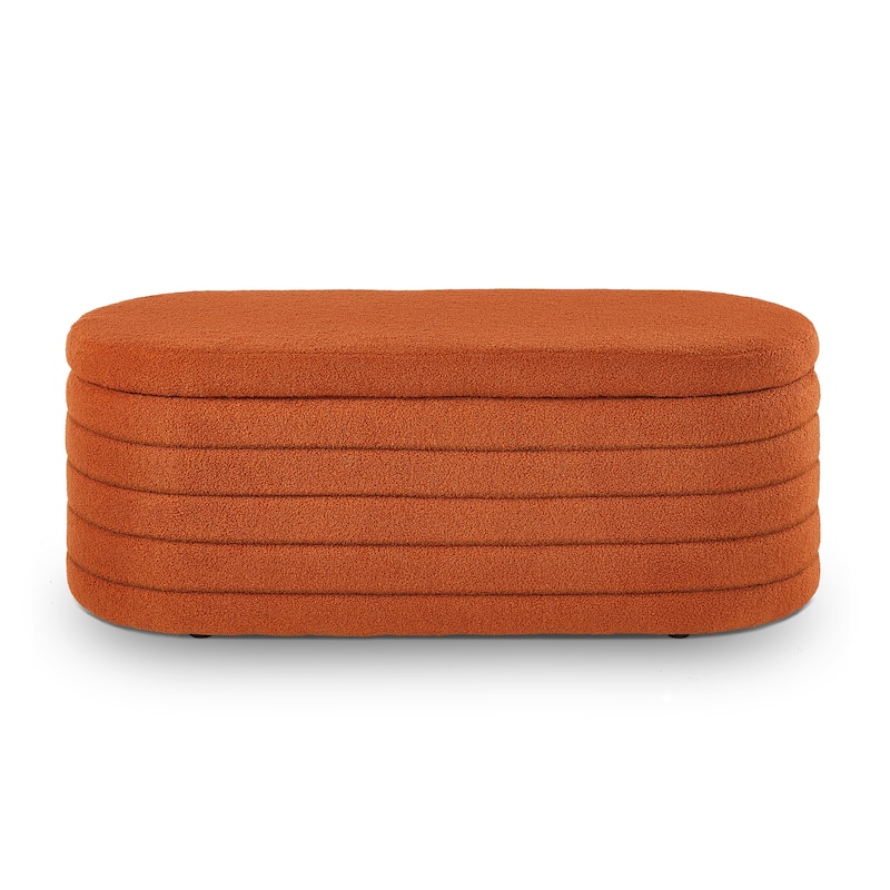 Modern Oval Storage Ottoman Bench for Bedroom, Teddy Fabric Upholstered Bench, End of Bed Stool with Safety Hinge