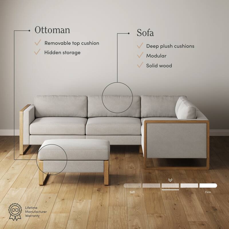 Madison Modern Modular L-Shaped Sectional Sofa with Storage Ottoman, 4-Seat Corner Sofa Set with Solid Wood Legs