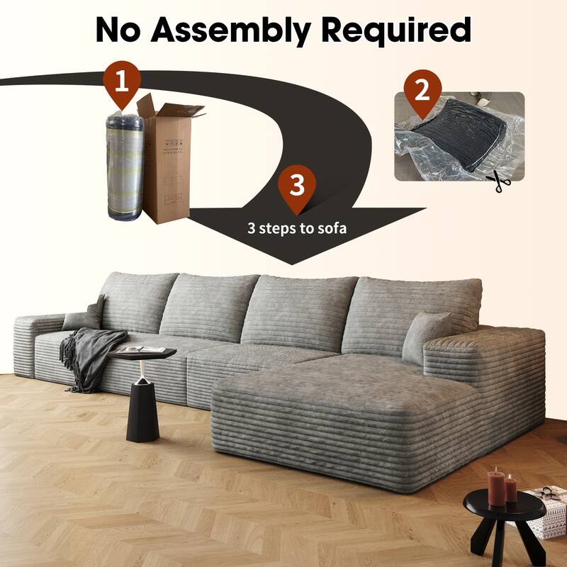 Floor Standing Corduroy Upholstered Modular Deep Seat Sofa L-shaped Sectional Couch with Chaise for Living Room, Apartment