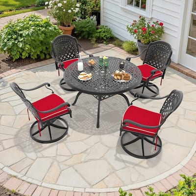 5-Piece Aluminum Round Outdoor Patio Dining Set, 4 Cushioned Swivel Chairs, Table, All-Weather Frames
