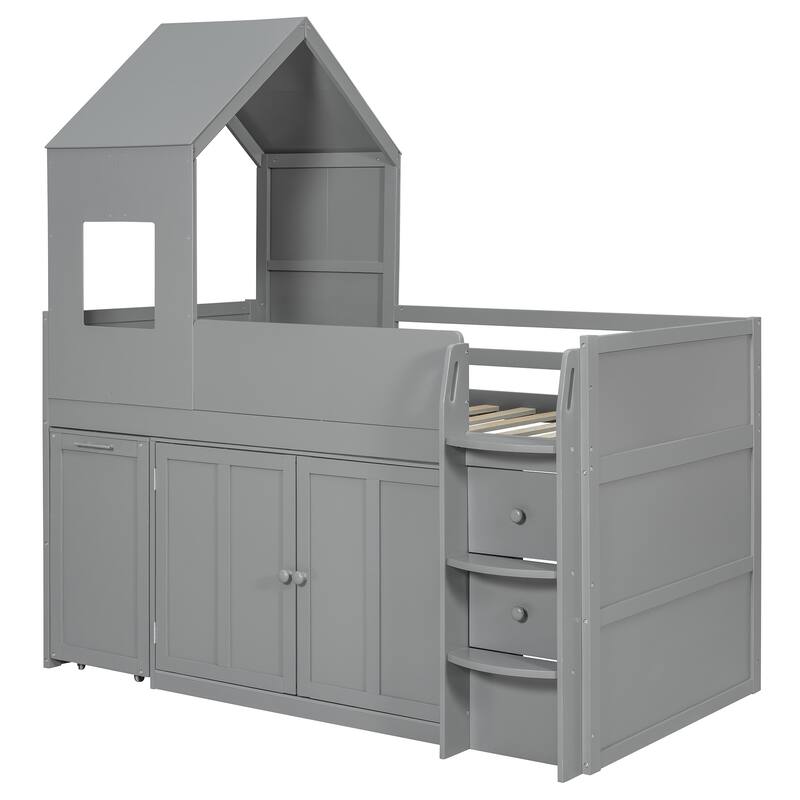 Twin Wood Loft Bed with Desk, Drawers & Cabinets, Space-Saving Design