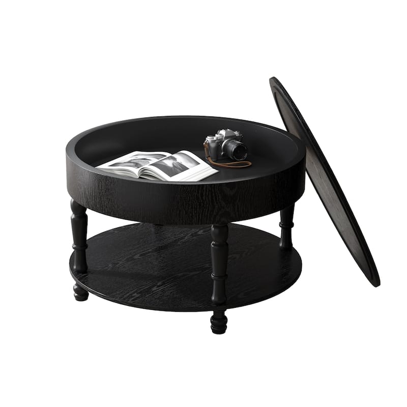 Round Flip-Top Coffee Table with Storage, Dual-Tier Center Table with Adjustable Leveling Feet and Open Shelf
