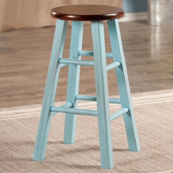 24undefined Rustic Light Blue Round Counter Stool with Walnut Seat