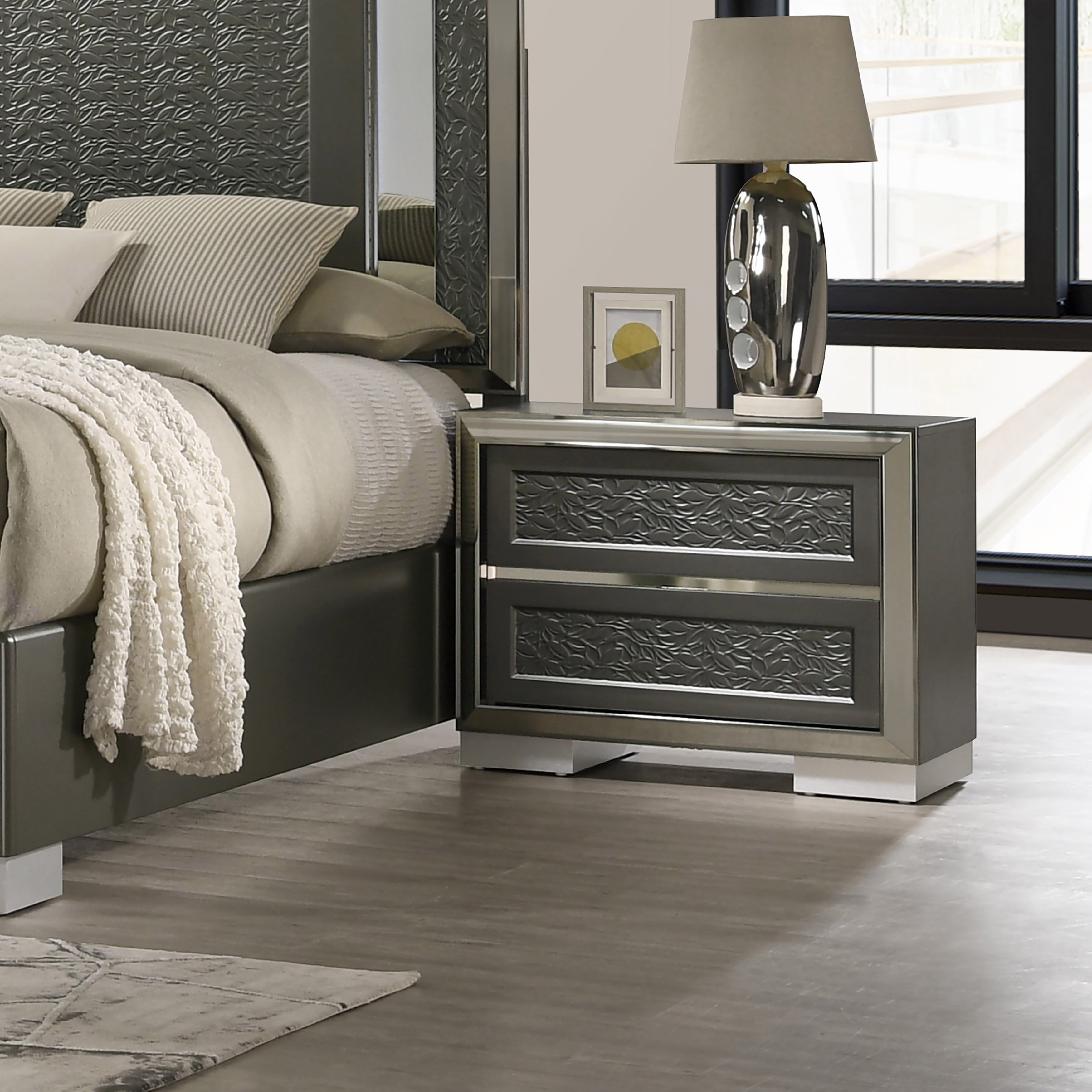Furniture of America Iralles Modern Dark Grey Wood 2-Drawer Nightstand with Leaf Pattern Molding