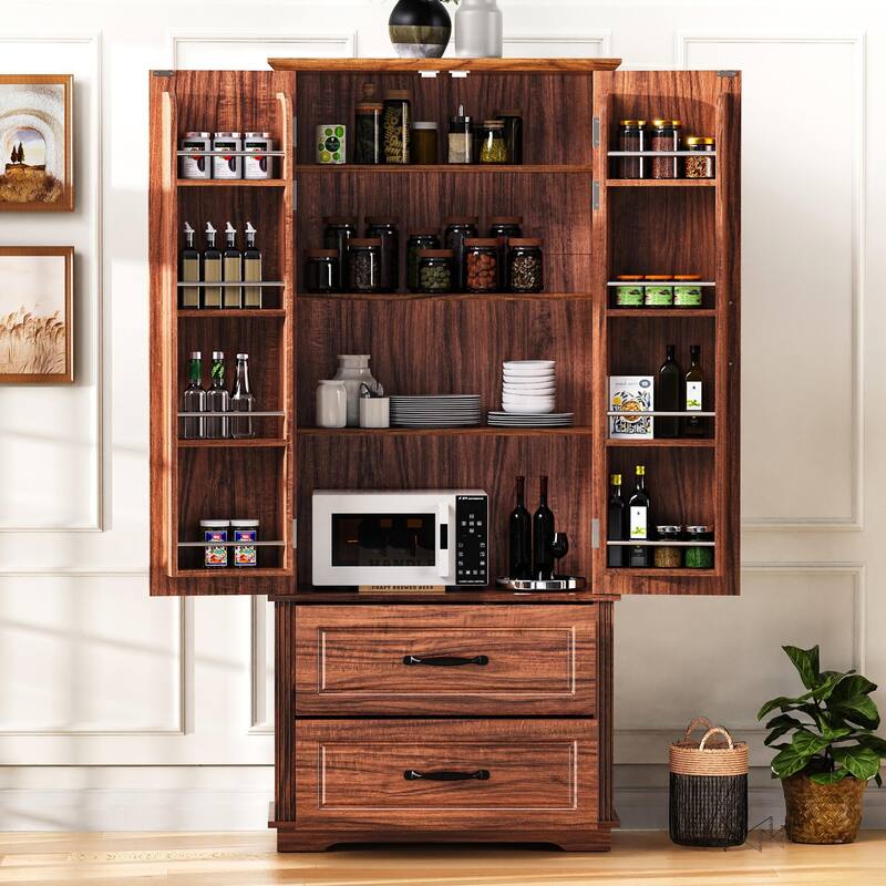 71" Farmhouse Pantry - 2 Drawers + 11 Shelves, Brown Embossed Cabinet - brown