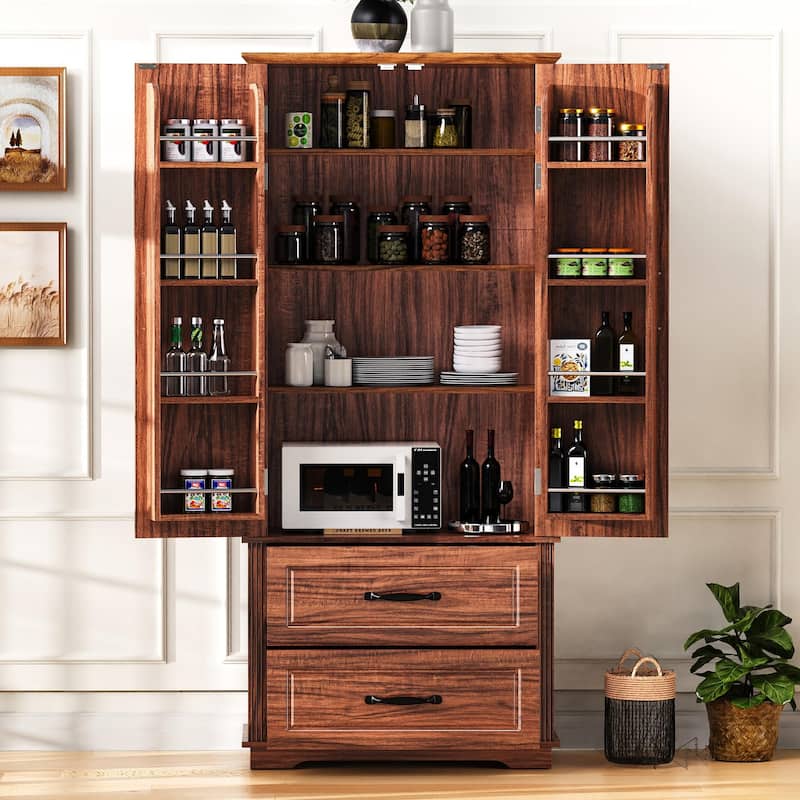 Storage Cabinet with 3 Adjustable Shelves, Buffet Cabinet with 8 Door Shelves, Kitchen Pantry Cabinet with 2 Large Drawers