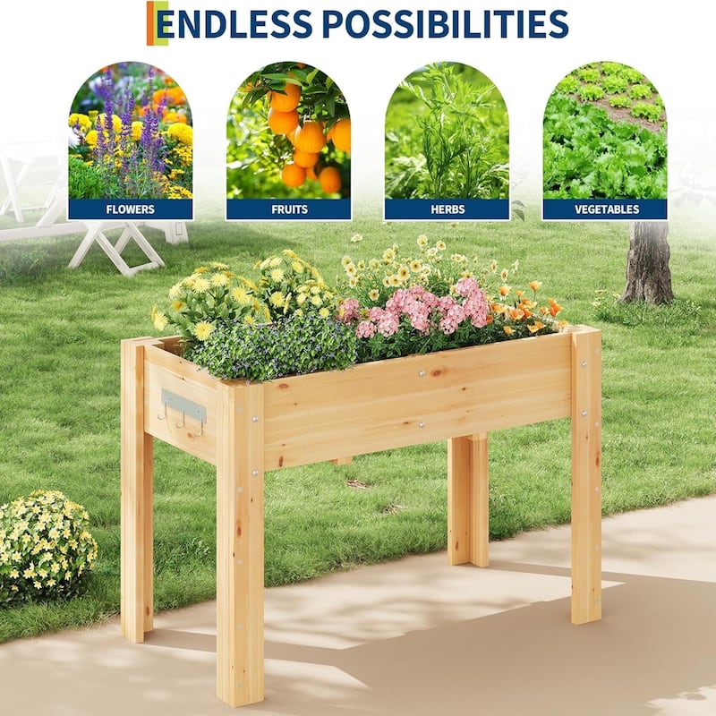 47x30x22 Inch Elevated Wooden Raised Garden Bed with Legs Outdoor Planter Box Stand with Hooks and Fabric Liner - W116xD57xH76cm