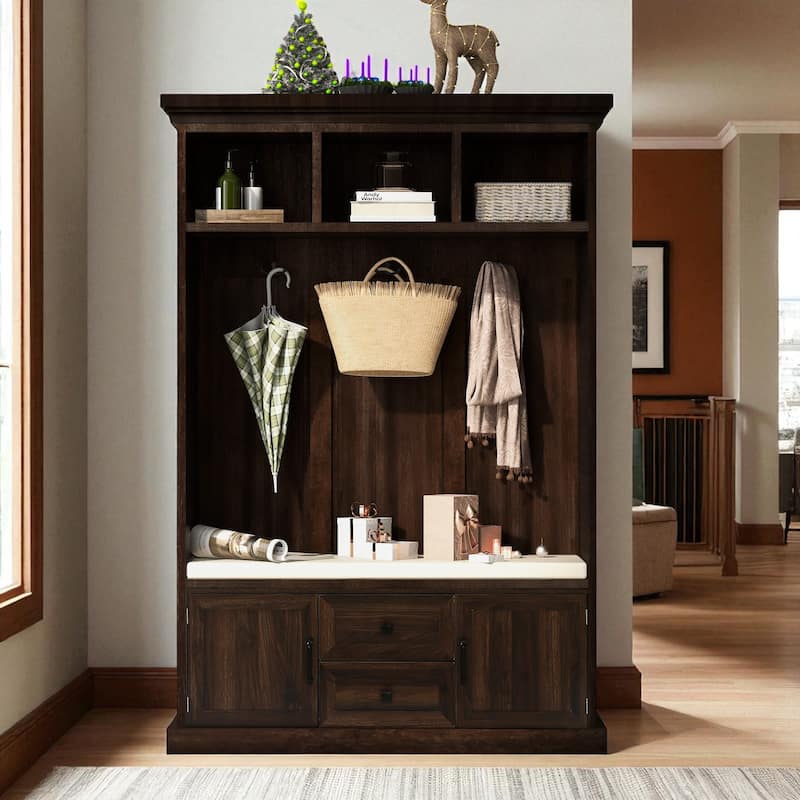 47.2" Hall Tree with Cushion Bench, 3 Hooks, 2 Drawers & 2 Cabinets, Entryway Coat Rack Storage Organizer