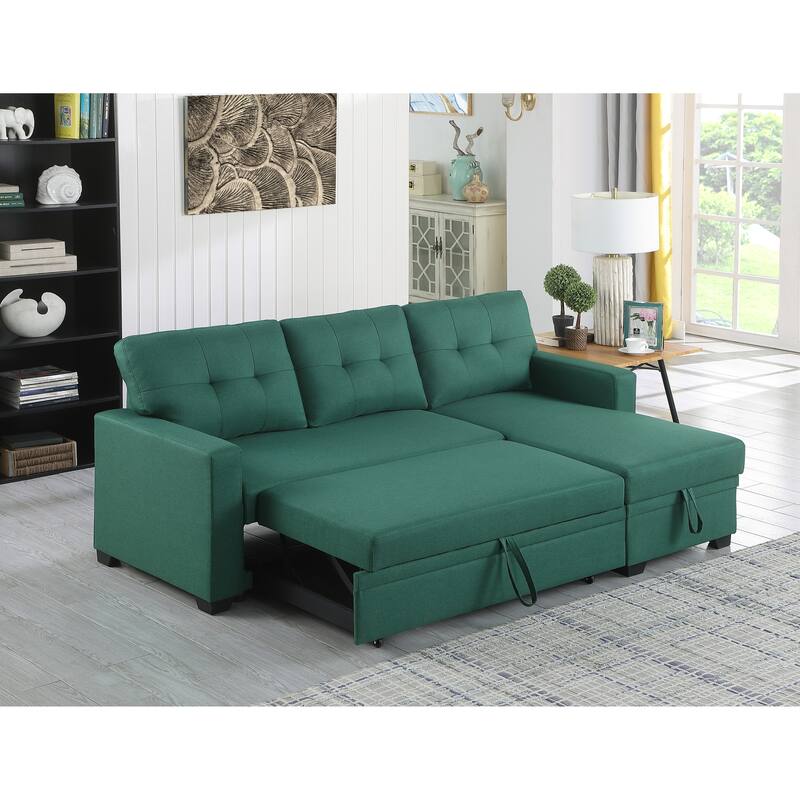 Green Linen Upholstered Pull out Sectional Sofa with Chaise