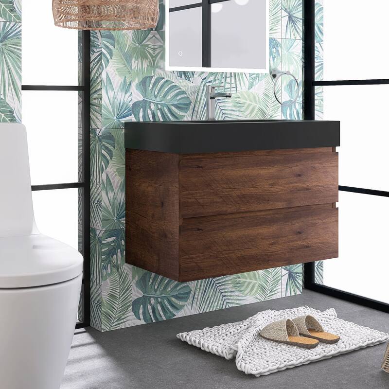 24"/30"/36" Wall-Mounted Bathroom Vanity Set with Black Integrated Quartz Sand Sink