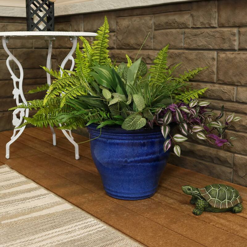 Sunnydaze Studio Round Glazed Ceramic Planter with Drainage - 15" - Imperial Blue - 15-Inch