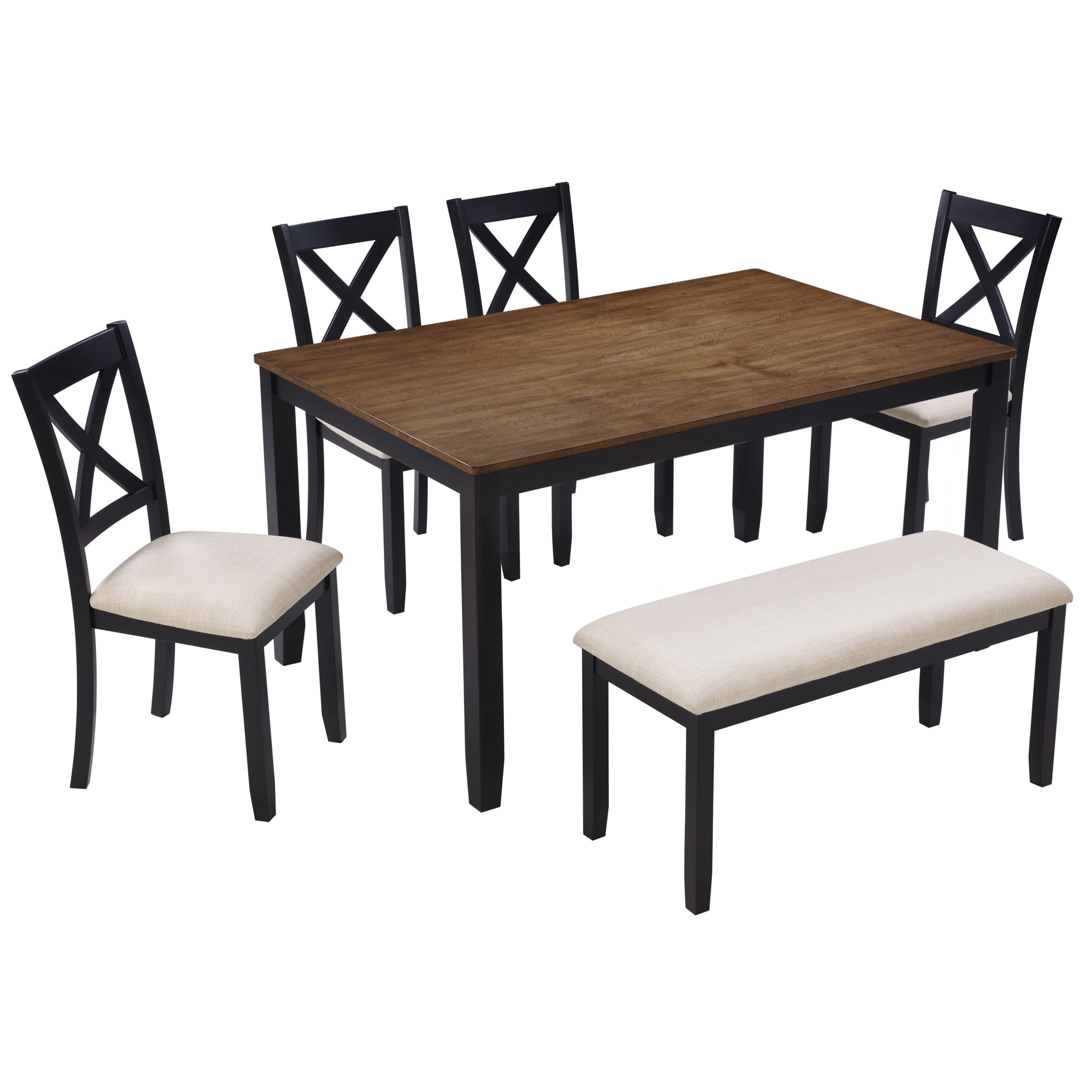 Dining Room Table and Chairs Set with Padded Bench, Rustic X-Shaped Back Chairs and Dining Table with Wood Legs