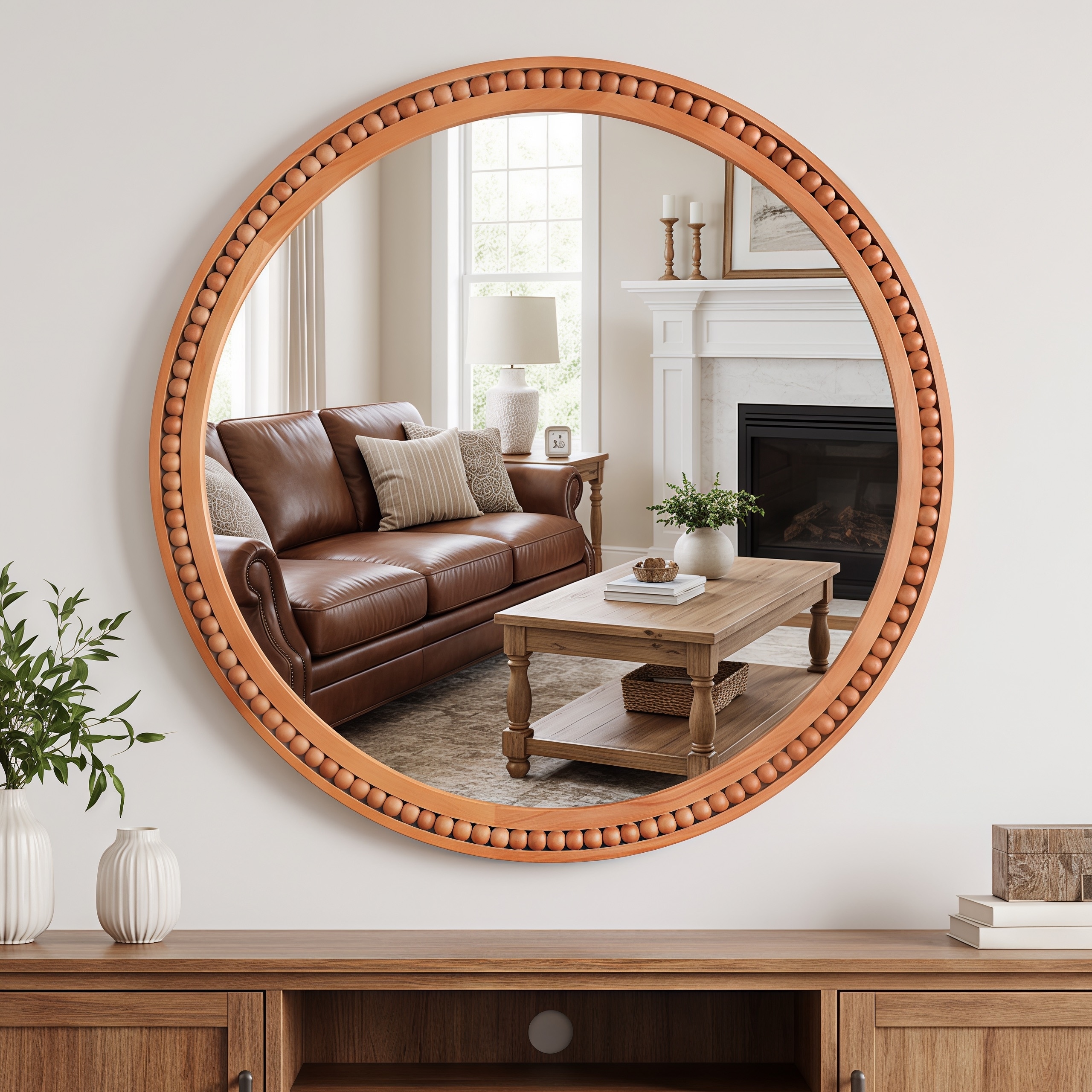 30×30 Inch Round Wall Mirror with Beaded Solid Wood Frame, Rustic Farmhouse Decor Mirror for Entryway, Bathroom & Living Room