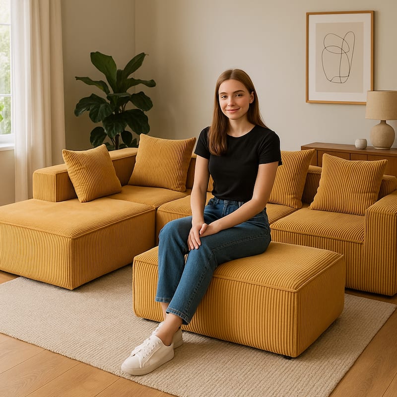 Corduroy Modular Sectional Sofa with Chaise Lounge, Deep Seat, Ottoman