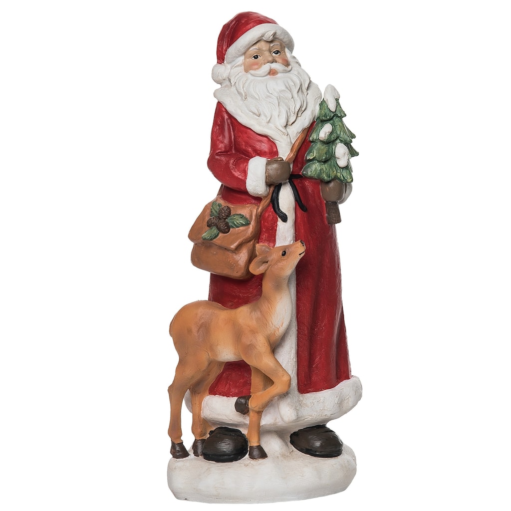 Transpac Resin 12 in. Multicolored Christmas Santa with Tree and Reindeer Figurine