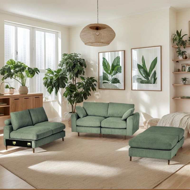 Roomfitters Modern Corduroy Modular Sectional Sofa, U-Shaped Convertible 6-Seat Sofa Set with Footstool and Pillows, Olive Green