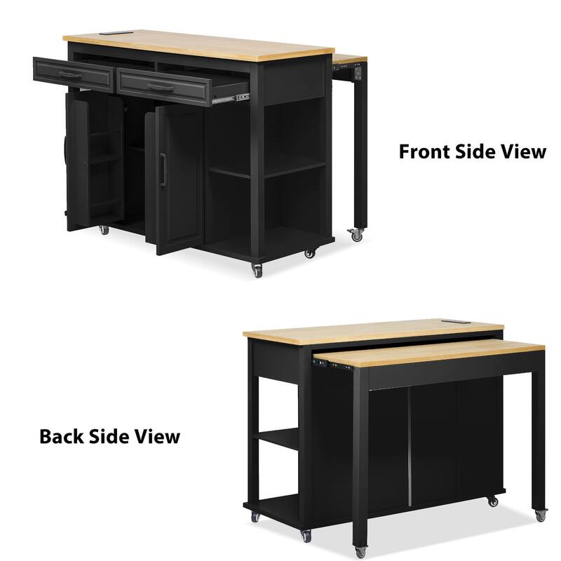 47.20'' Rubber Wood Kitchen Island with Extendable Dining Table, Power Outlet, and 2 Drawers - 47.2'' x 33.5'' x 36.75''
