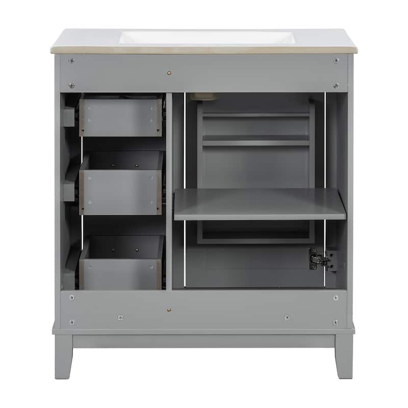 GDFStudio - Tim 30" Modern Bathroom Vanity with Ceramic Sink - Rubberwood Frame, 3 Drawers & Double-Rack Door, Soft-Close